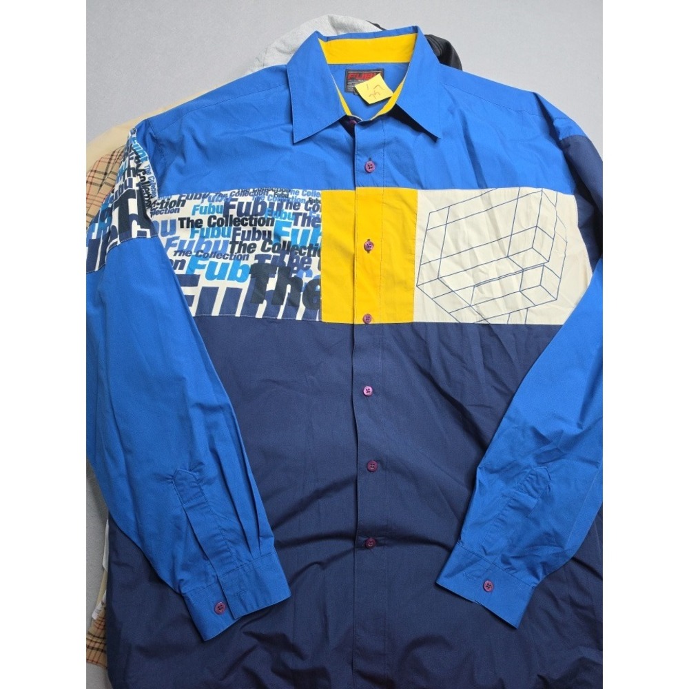 Vintage FUBU Shirt Men's 2XL Blue Colorblock Graphic Cotton Button-Up Retro Y2K - Picture 3 of 9